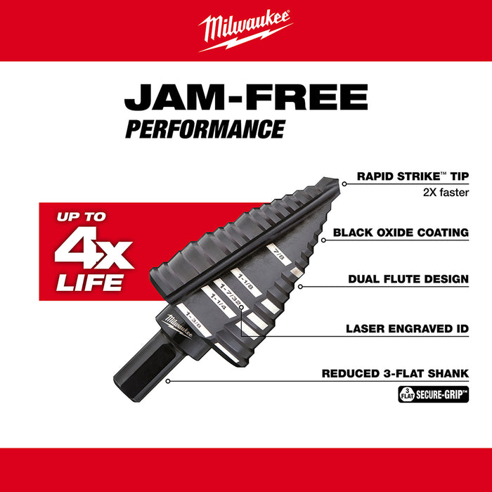 Milwaukee 48-89-9221 3-Flat Black Oxide Jam-Free Step Drill Bit Set - 3pc