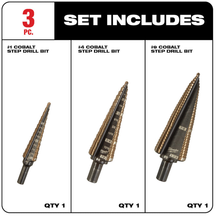 Milwaukee 48-89-9291 Cobalt Step Drill Bit Kit w/Rapid Strike Tip - 3 PC