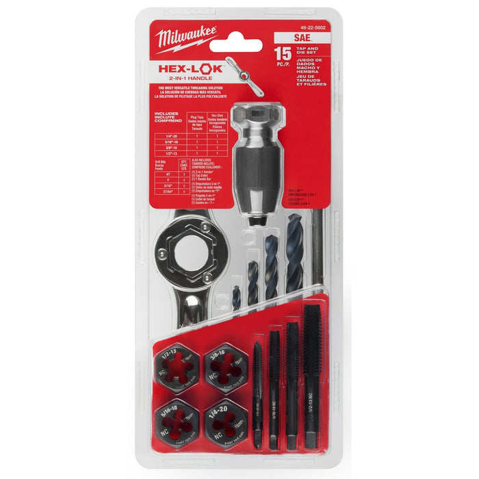 Milwaukee 49-22-5602 SAE Tap and Die Set w/ Hex-LOK 2-in-1 Handle - 17 PC