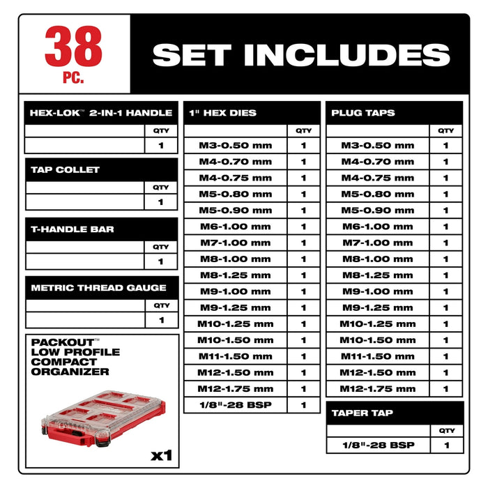 Milwaukee 49-22-5603 Metric Tap & Die PACKOUT Set w/ Hex-LOK Handle - 38 PC