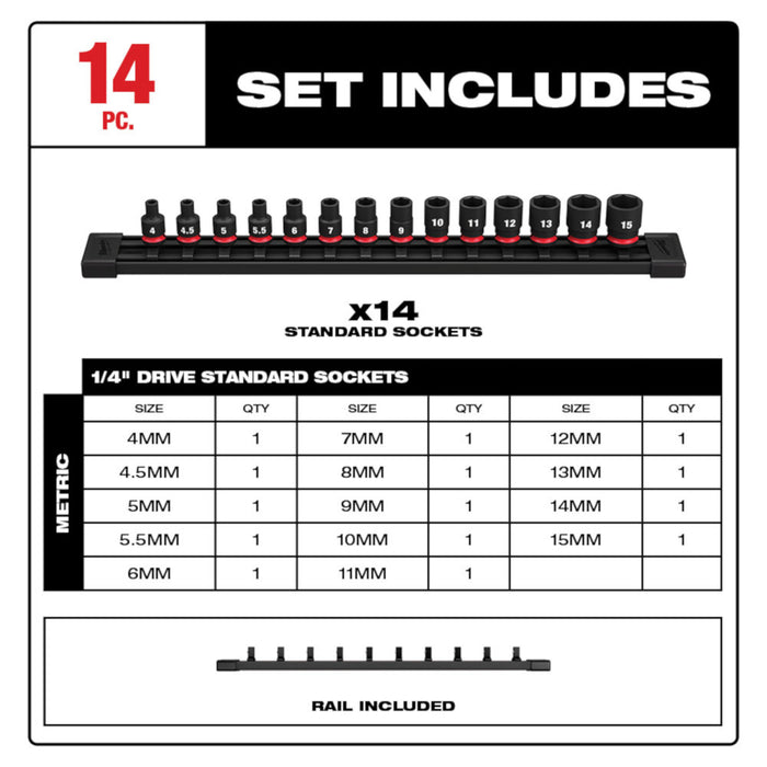 Milwaukee 49-66-7002 1/4" Drive Metric Standard 6 Point Impact Socket Set -14 PC