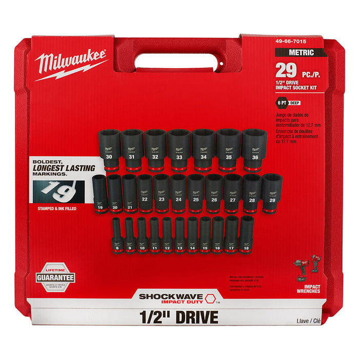 Milwaukee 49-66-7015 SHOCKWAVE 1/2" Drive Metric 6 Point Impact Socket Set -29PC
