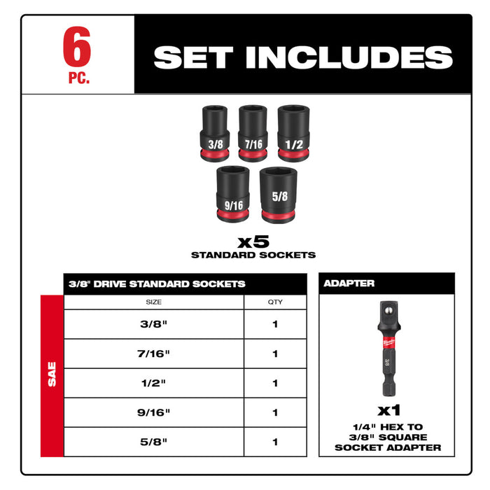 Milwaukee 49-66-7035 SHOCKWAVE 3/8" Impact Duty Drive SAE Socket Set - 6 PC
