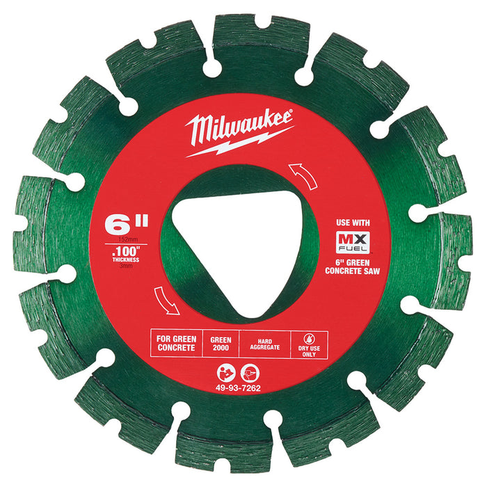 Milwaukee 49-93-7262 Green 6" x 0.100" Diamond Blade for Green Concrete Saw