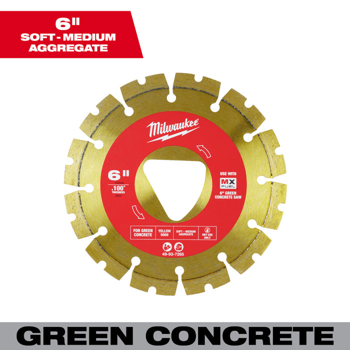 Milwaukee 49-93-7265 Yellow 6" x .100" Diamond Blade for Green Concrete Saw