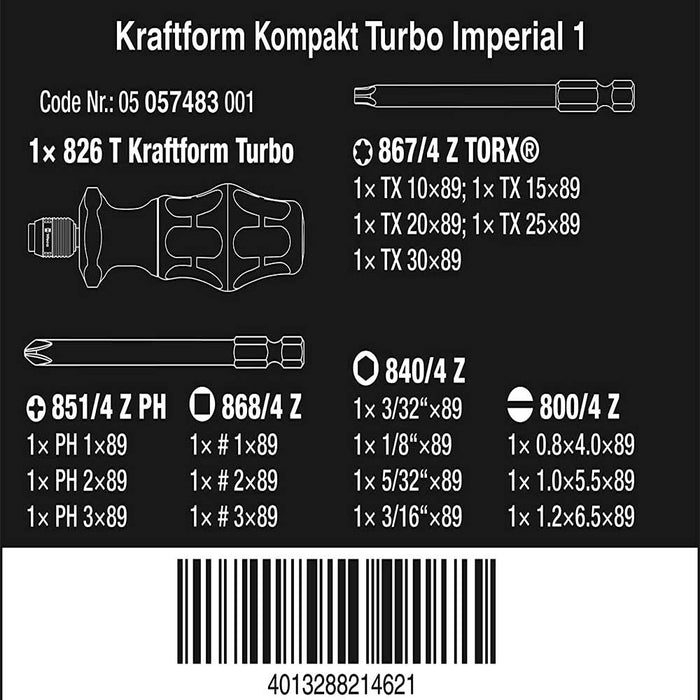 Wera 05057483001 Kraftform Kompakt Turbo Imperial Screwdriver Set - 19 PC