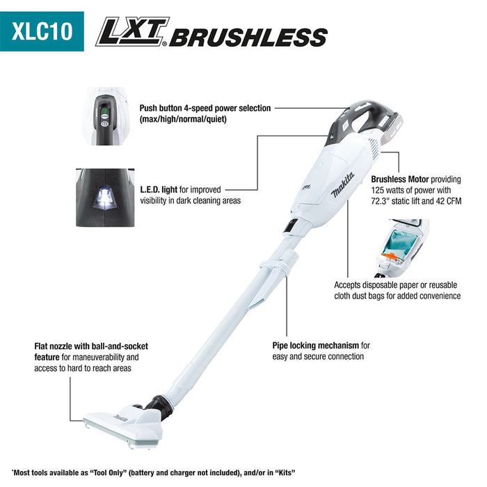 Makita XLC10ZW 18V LXT Brushless Cordless 4-Speed Vacuum and Dust Bag -Bare Tool