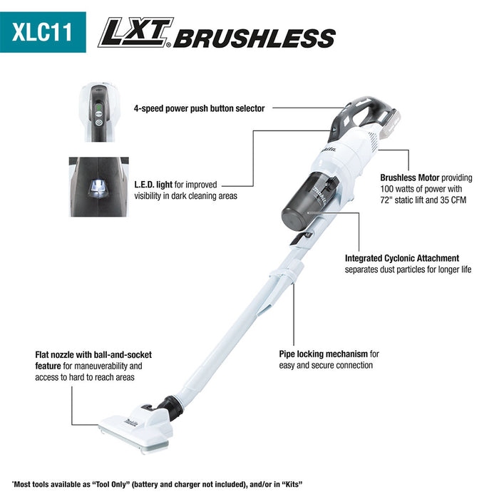 Makita XLC11ZW 18V LXT Brushless Cordless Cyclonic 4-Speed Vacuum - Bare Tool