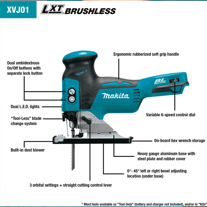 Makita XVJ01Z 18V LXT Brushless Barrel Grip Jig Saw (Tool Only) – Cordless, Variable Speed, 3 Orbital Settings