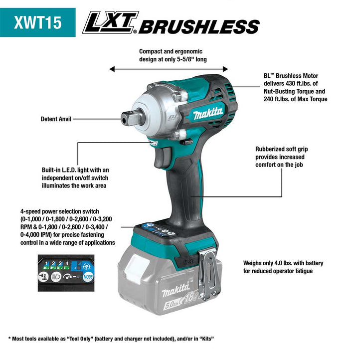 Makita XWT15Z 18V 1/2" LXT Cordless Impact Wrench Kit w/ Detent Anvil -Bare Tool