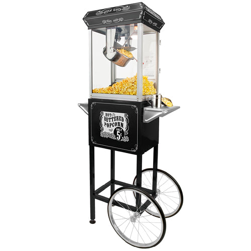 FunTime FT862CB 8oz Black Popcorn Popper Machine Maker Cart Vintage Style
