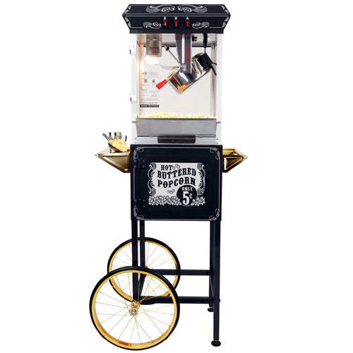 FunTime FT862CBG 8oz Black Popcorn Popper Machine Maker Cart Vintage Style